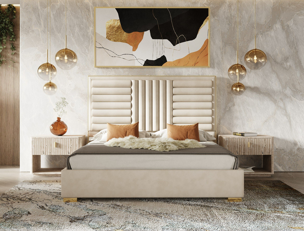 Modern Beige Velvet + Travertine + Gold Bedroom Set