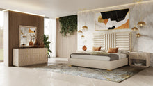 Load image into Gallery viewer, Modern Beige Velvet + Travertine + Gold Bedroom Set
