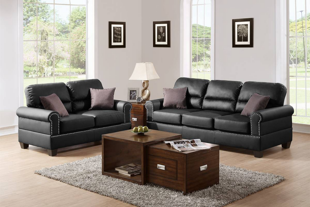 Black Bonded Leather 2-Pcs Sofa Set  Traditional